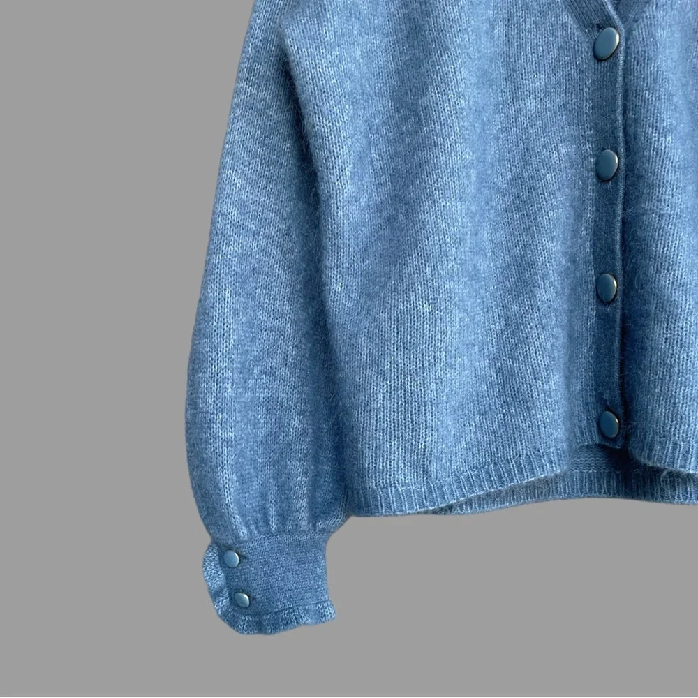 SEZANE Blue Mohair Wool Balloon Sleeve Oversized Mia V Neck Cardigan Sweater - Picture 14 of 16